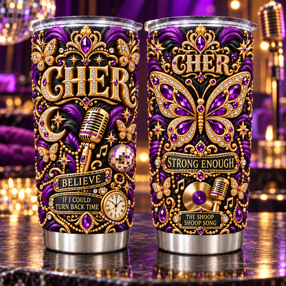 Cher 3D Printed Tumbler - 20oz Stainless Steel Insulated Travel Coffee Mug with Lid - Goddess of Pop Music Merchandise Gift