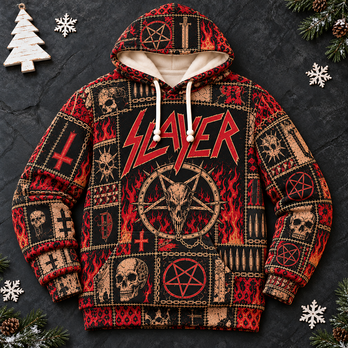 Slayer Patchwork Hoodie – Vintage Thrash Metal Graphic Pullover, Skull & Pentagram Design, Retro Heavy Metal Sweatshirt