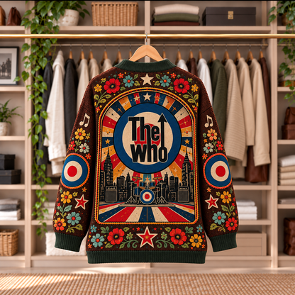 The Who Patchwork Cardigan - Casual Oversized Button Sweater, Target Logo Vespa Classic Rock Music Fan Gift