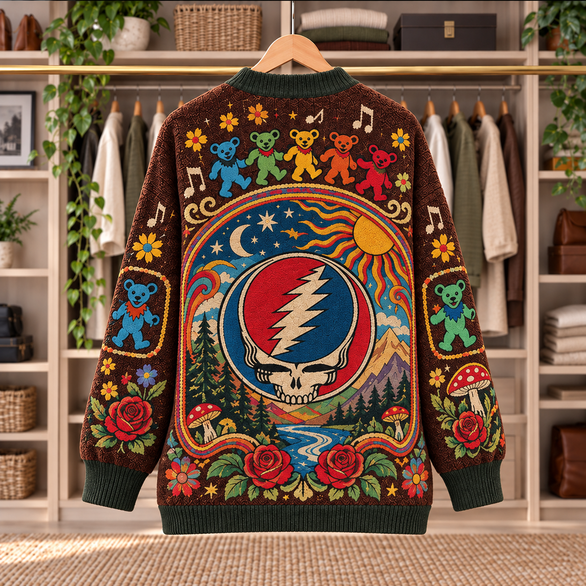 Grateful Dead Patchwork Cardigan - Casual Oversized Button Sweater, Steal Your Face Dancing Bears Psychedelic Music Fan Gift