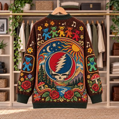 Grateful Dead Patchwork Cardigan - Casual Oversized Button Sweater, Steal Your Face Dancing Bears Psychedelic Music Fan Gift