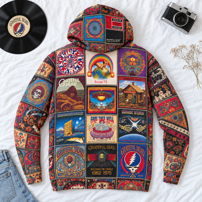 Grateful Dead Patchwork Hoodie – Vintage Psychedelic Rock Band Graphic Pullover, Retro Album Cover Hoodie, Grateful Dead Fan Gift