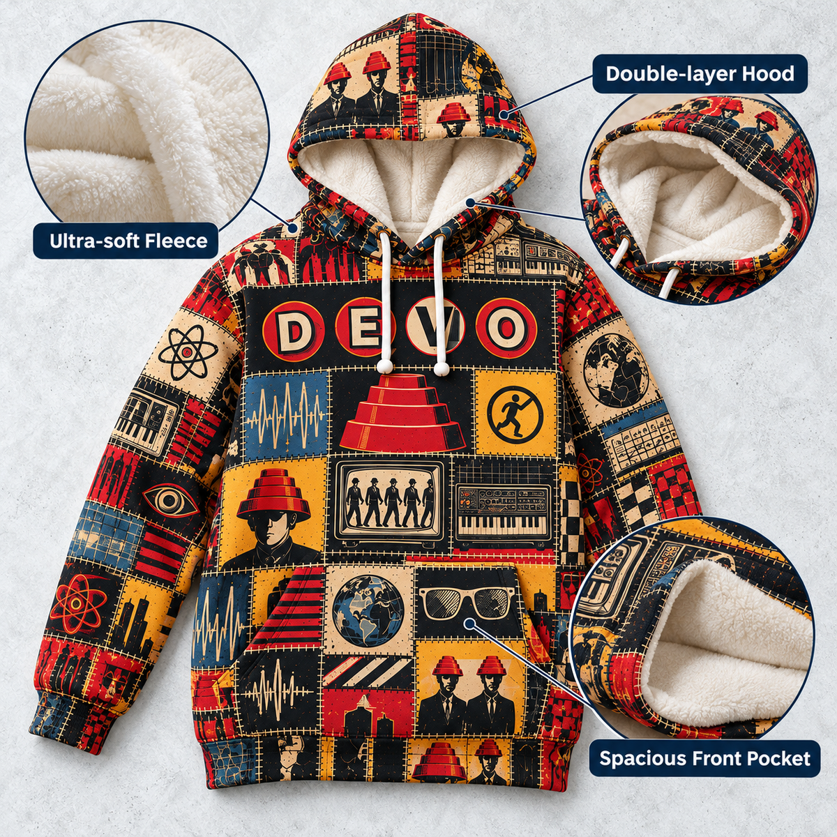 DEVO Patchwork Hoodie – Vintage New Wave Band Graphic Pullover, Retro 80s Synth Rock Hoodie, DEVO Fan Gift