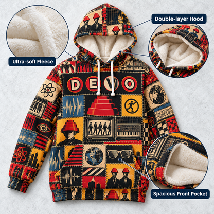 DEVO Patchwork Hoodie – Vintage New Wave Band Graphic Pullover, Retro 80s Synth Rock Hoodie, DEVO Fan Gift