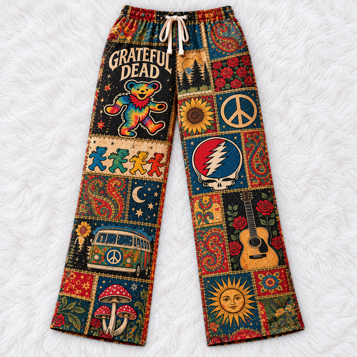 Grateful Dead Pajama Pants - Patchwork Dancing Bear Art Sleepwear | Comfortable Music Fan Lounge Pants