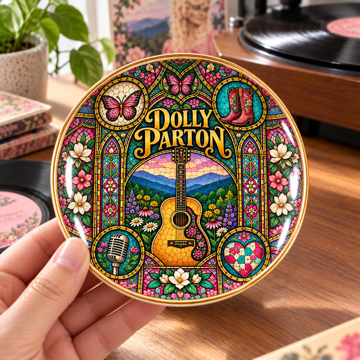 Dolly Parton Mexican Folk Art Ceramic Jewelry Dish - Butterfly & Acoustic Guitar Ring Tray - Country Music Fan Gift Idea