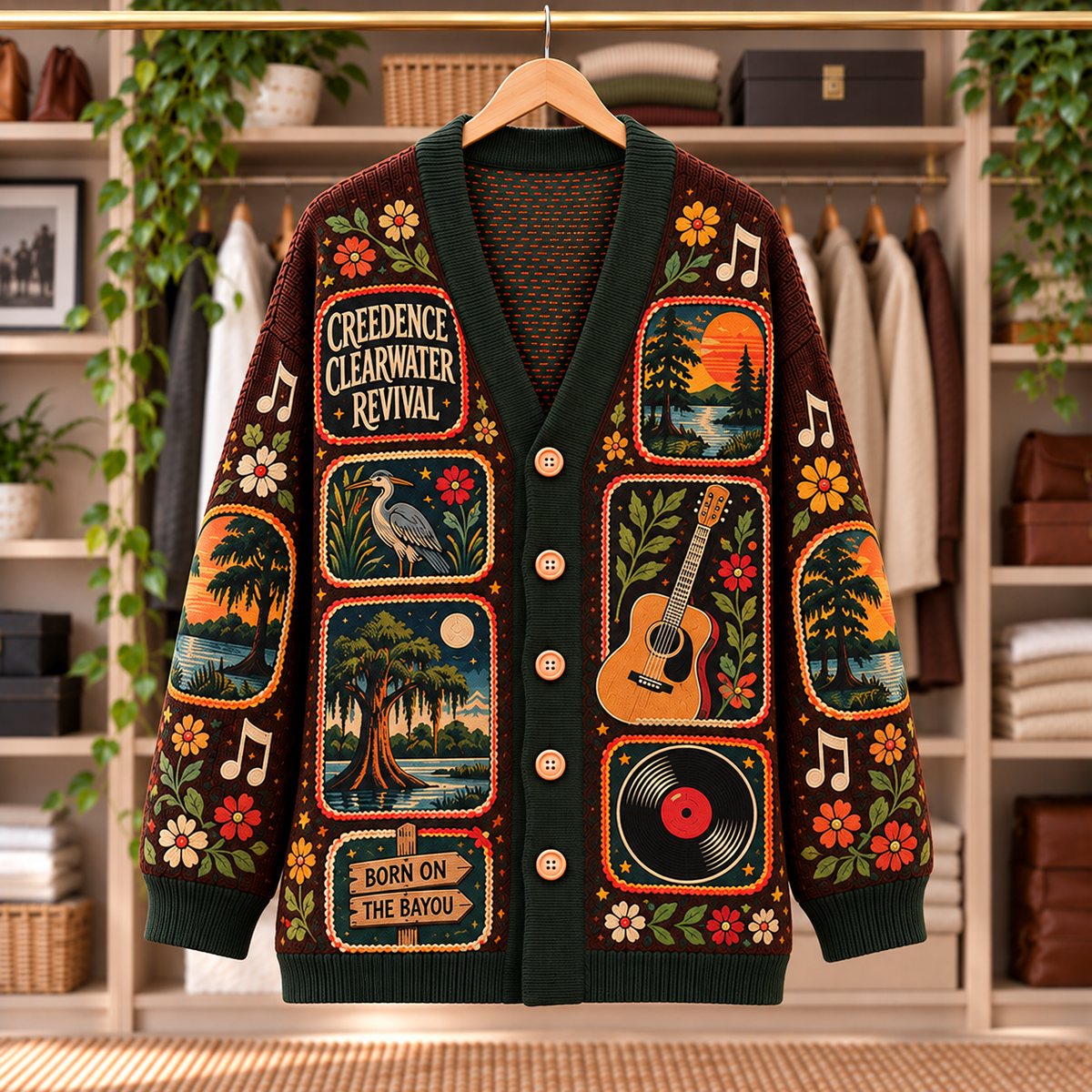 Creedence Clearwater Revival Patchwork Cardigan - Casual Button Sweater, Born on the Bayou Swamp Rock Music Fan Gift