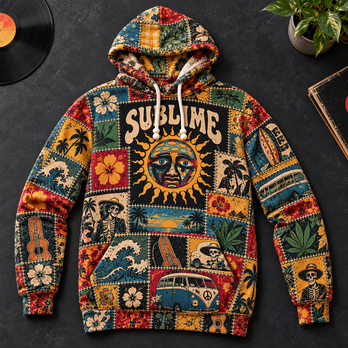 Sublime Patchwork Hoodie – Vintage Reggae Rock Graphic Pullover, Sun Face & Tropical Floral Design, Retro 90s Ska Punk Sweatshirt