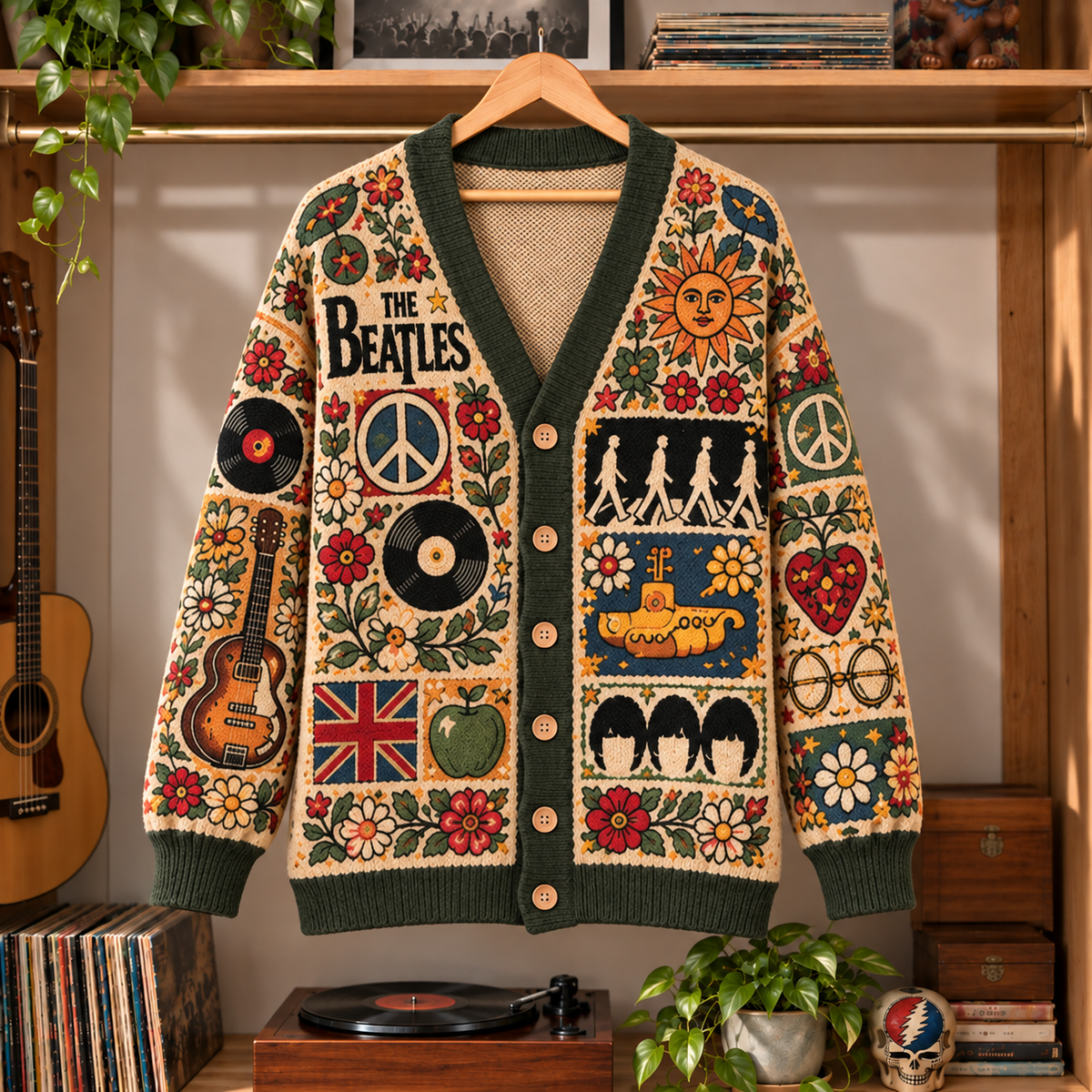 The Beatles Retro Rock Knit Cardigan - Vintage Style British Rock Button Down Sweater, Unique Yellow Submarine Band Merchandise Fan Outfit