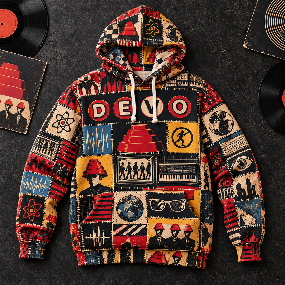 DEVO Patchwork Hoodie – Vintage New Wave Band Graphic Pullover, Retro 80s Synth Rock Hoodie, DEVO Fan Gift