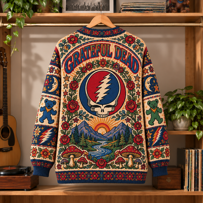 Grateful Dead Retro Rock Knit Cardigan - Vintage Style Jam Band Button Down Sweater, Unique Psychedelic Hippie Music Merchandise Fan Outfit