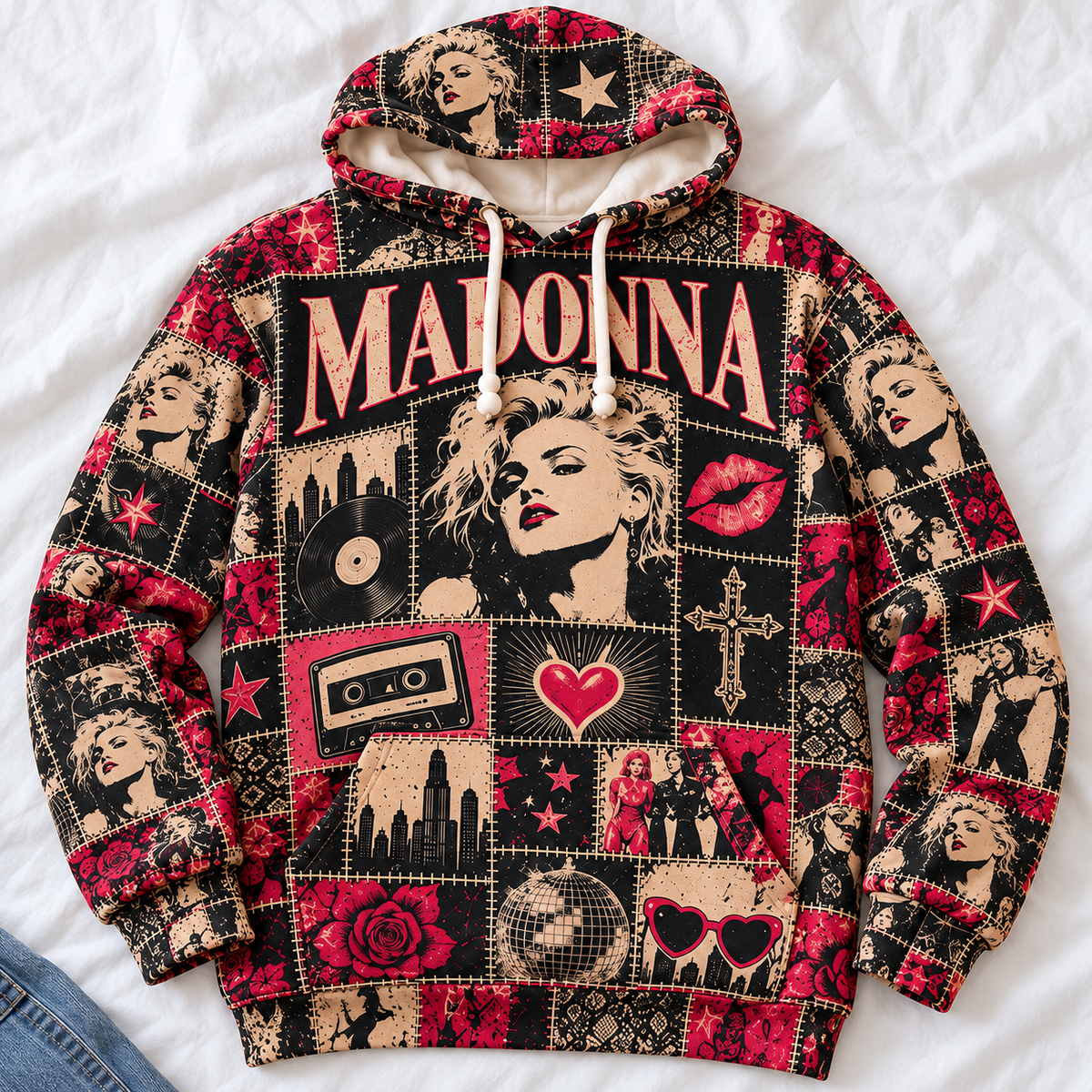 Madonna Patchwork Hoodie – Vintage Queen of Pop Graphic Pullover, Retro 80s Music Sweatshirt, Madonna Fan Gift, Iconic Pop Star Unisex Hoodie
