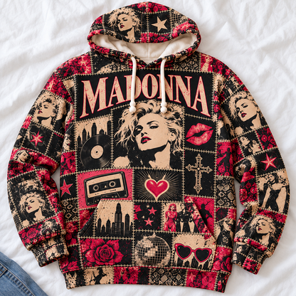 Madonna Patchwork Hoodie – Vintage Queen of Pop Graphic Pullover, Retro 80s Music Sweatshirt, Madonna Fan Gift, Iconic Pop Star Unisex Hoodie