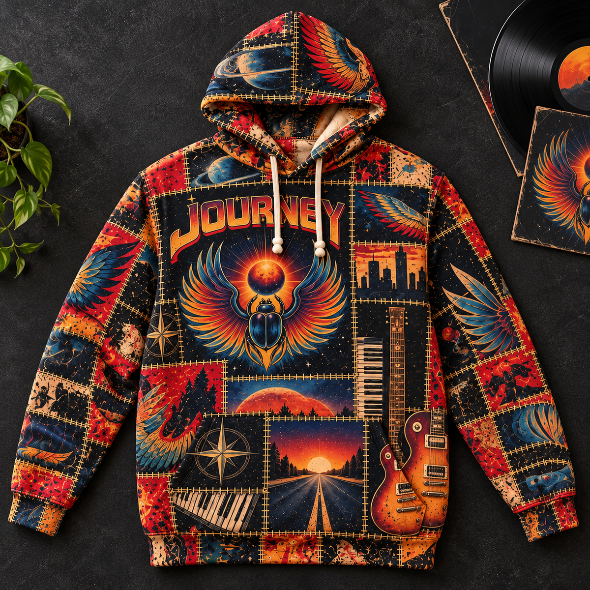 Journey Patchwork Hoodie – Vintage Rock Band Graphic Pullover, Retro Phoenix & Sunset Design, Classic Rock Music Fan Gift, Journey Inspired Sweatshirt