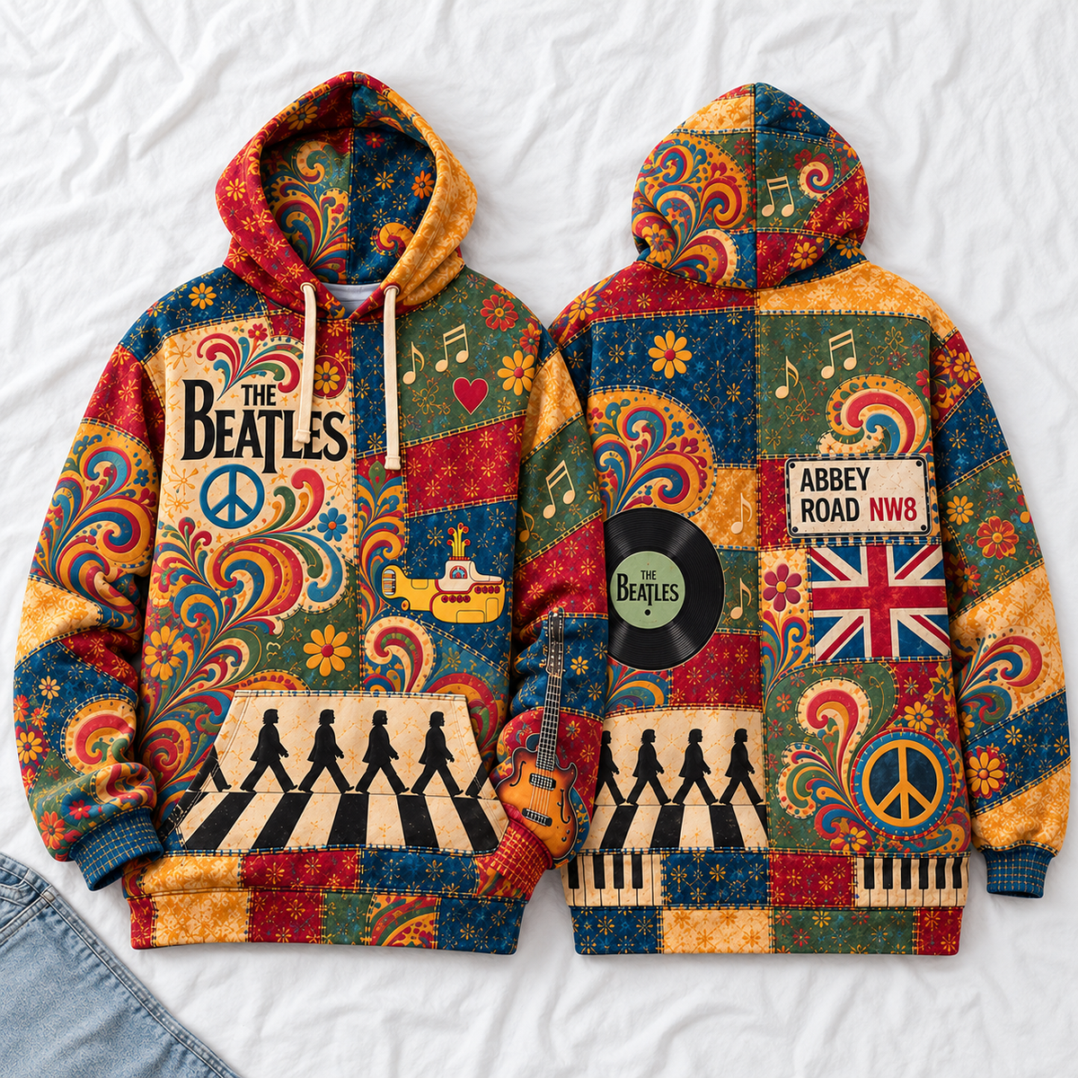 The Beatles Patchwork Hoodie – Vintage 60s Psychedelic Rock Band Pullover, Abbey Road & Yellow Submarine Inspired Hoodie, Retro Beatles Fan Gift