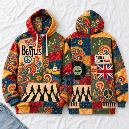 The Beatles Patchwork Hoodie – Vintage 60s Psychedelic Rock Band Pullover, Abbey Road & Yellow Submarine Inspired Hoodie, Retro Beatles Fan Gift