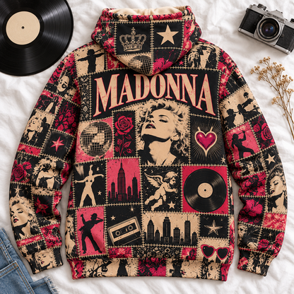 Madonna Patchwork Hoodie – Vintage Queen of Pop Graphic Pullover, Retro 80s Music Sweatshirt, Madonna Fan Gift, Iconic Pop Star Unisex Hoodie