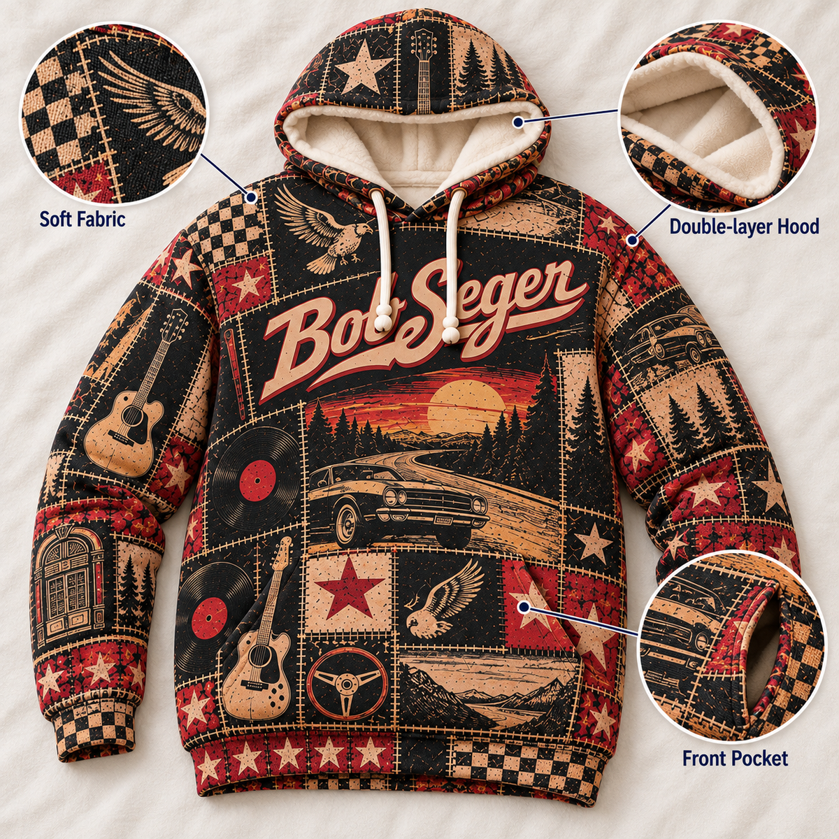 Bob Seger Patchwork Hoodie – Vintage Classic Rock Graphic Pullover, Retro 70s 80s Rock Music Hoodie, Bob Seger Fan Gift