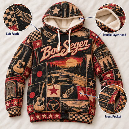 Bob Seger Patchwork Hoodie – Vintage Classic Rock Graphic Pullover, Retro 70s 80s Rock Music Hoodie, Bob Seger Fan Gift