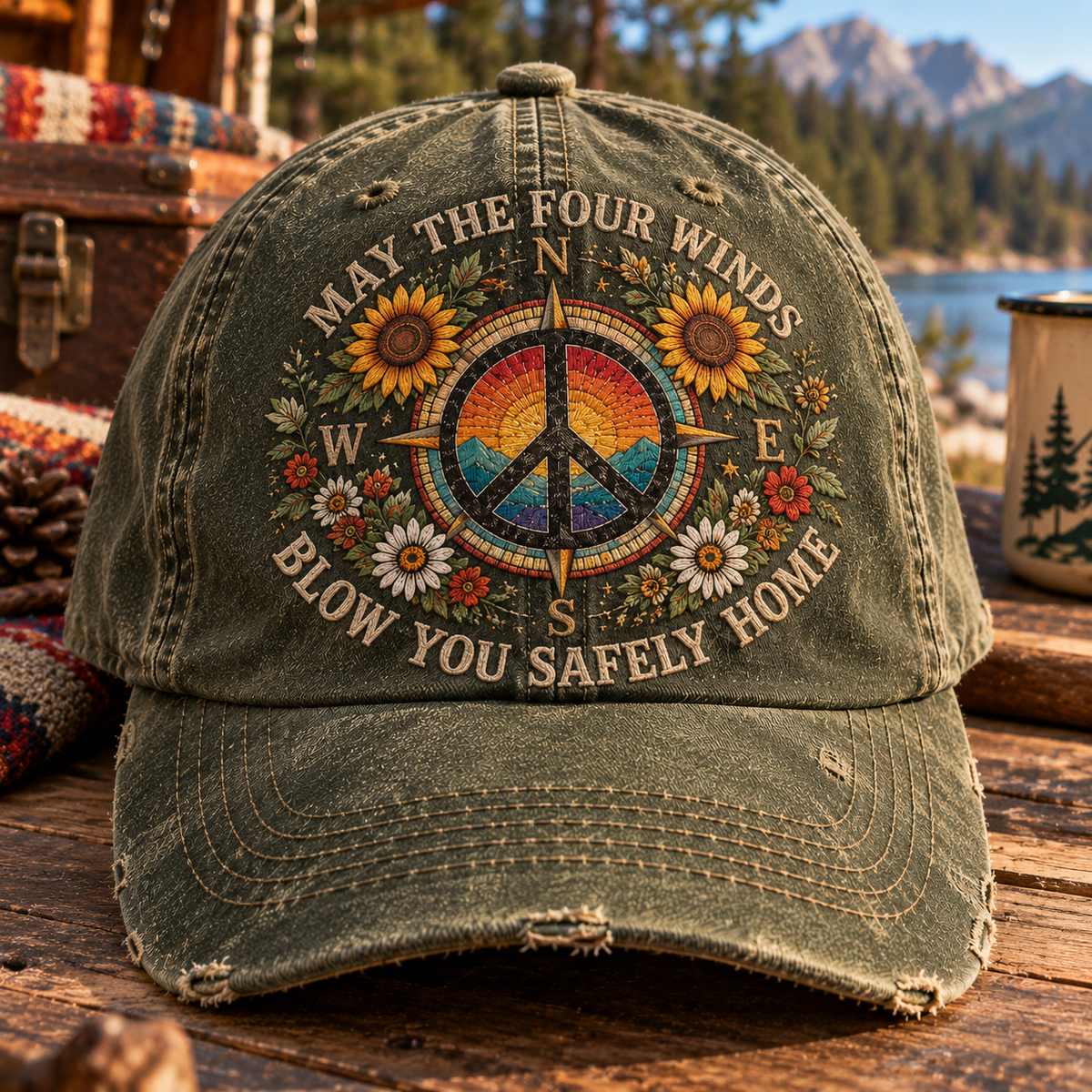 May the Four Winds Blow You Safely Home Denim Cap, Grateful Dead Inspired Cap, Peace Sign Compass Hat, Hippie Sunflower Gift, Boho Outdoor Cap