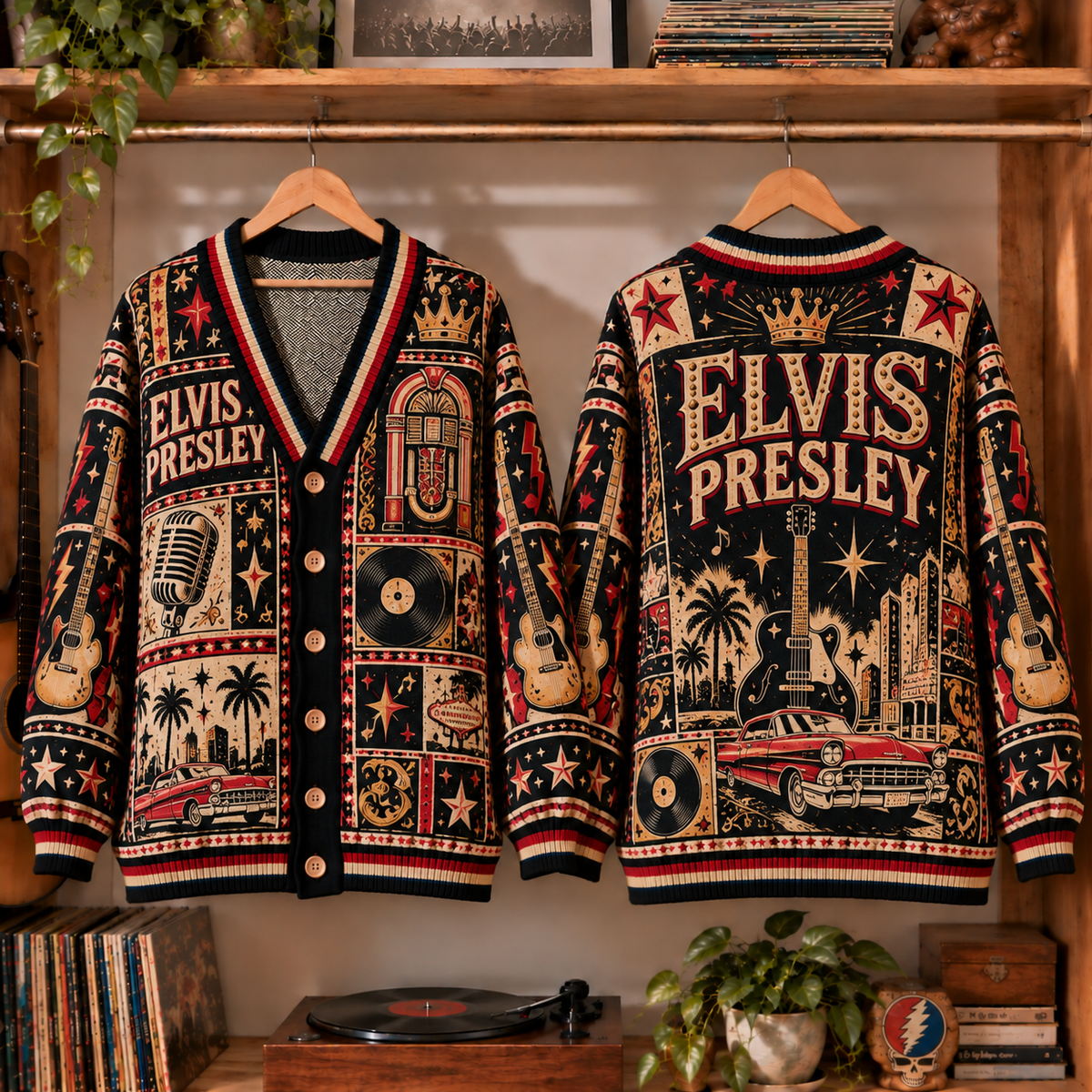 Elvis Presley Retro Graphic Cardigan - Vintage Singer Knit Outerwear, Rock Legend Fan Apparel & Fashion Style Gift
