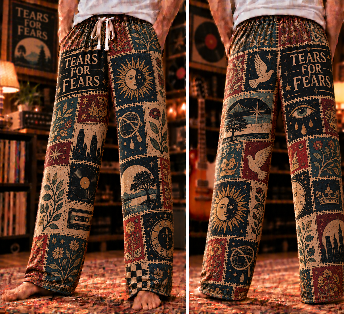 Tears for Fears Classic Pajama Pants - Retro Patchwork Clock Face, Cassette Tape & Vinyl Record Art Sleepwear - Comfortable Pajama Pants for Music Fans