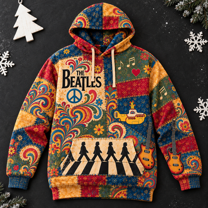 The Beatles Patchwork Hoodie – Vintage 60s Psychedelic Rock Band Pullover, Abbey Road & Yellow Submarine Inspired Hoodie, Retro Beatles Fan Gift