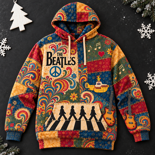 The Beatles Patchwork Hoodie – Vintage 60s Psychedelic Rock Band Pullover, Abbey Road & Yellow Submarine Inspired Hoodie, Retro Beatles Fan Gift