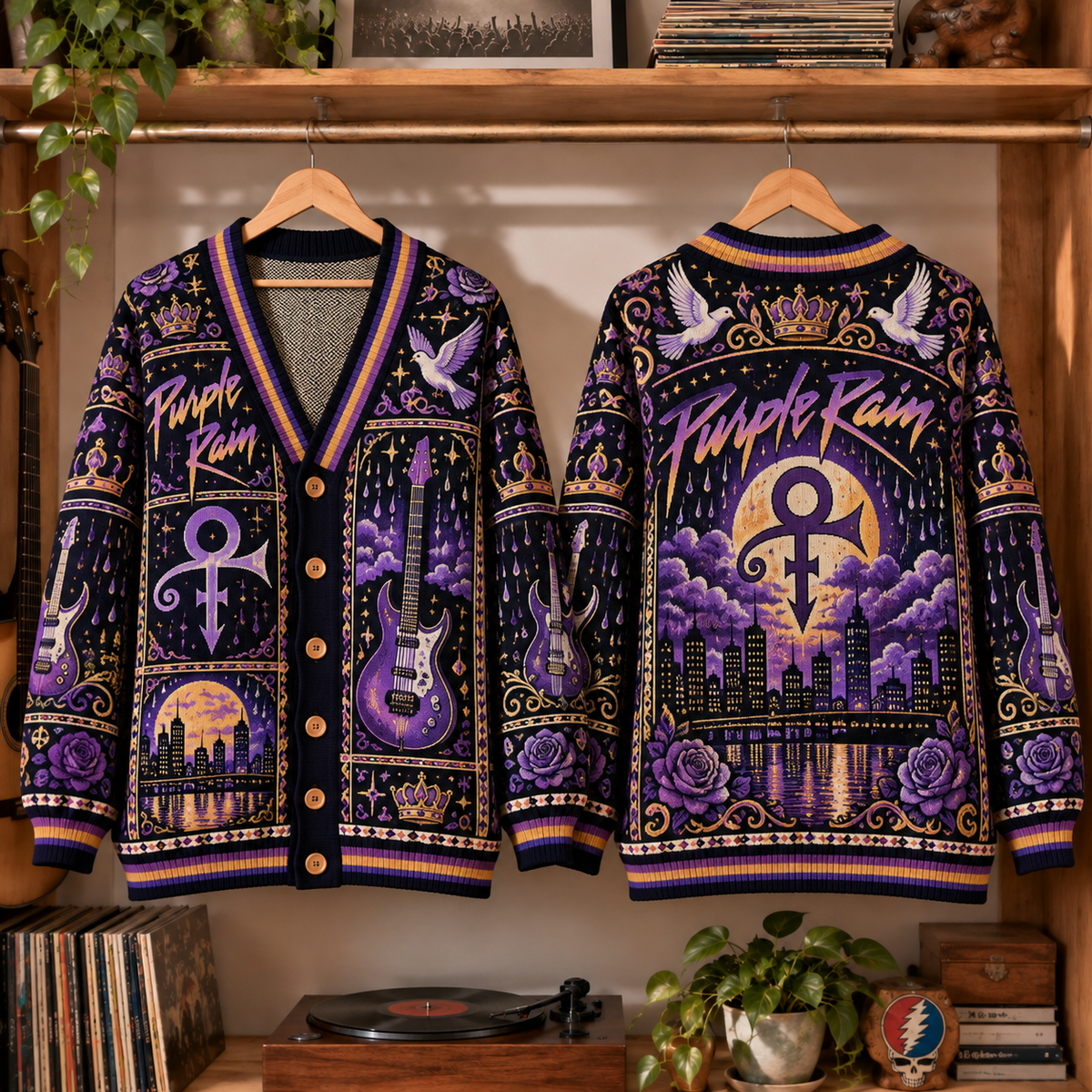 Prince Retro Rock Knit Cardigan - Vintage Style Purple Rain Button Down Sweater, Unique Pop Funk R&B Band Merchandise Fan Outfit
