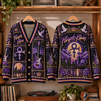 Prince Retro Rock Knit Cardigan - Vintage Style Purple Rain Button Down Sweater, Unique Pop Funk R&B Band Merchandise Fan Outfit