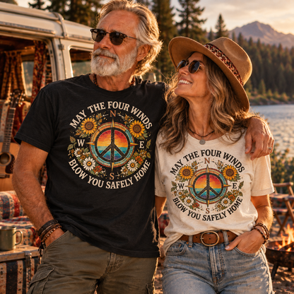May the Four Winds Blow You Safely Home Shirt, Grateful Dead Inspired Compass Tee, Hippie Peace Sign Shirt, Boho Road Trip Gift