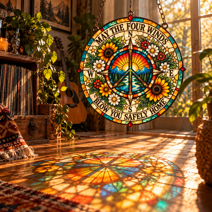 May The Four Winds Blow You Safely Home Stained Glass Suncatcher – Peace Compass Window Hanging, Vibrant Sunflower Window Suncatcher
