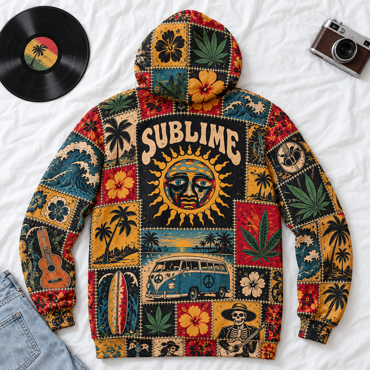 Sublime Patchwork Hoodie – Vintage Reggae Rock Graphic Pullover, Sun Face & Tropical Floral Design, Retro 90s Ska Punk Sweatshirt