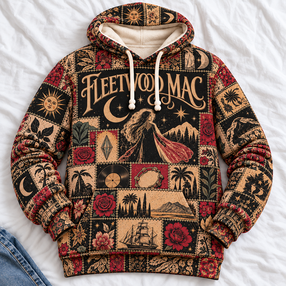 Fleetwood Mac Patchwork Hoodie – Vintage 70s Rock Band Graphic Pullover, Retro Boho Floral Hoodie, Fleetwood Mac Fan Gift