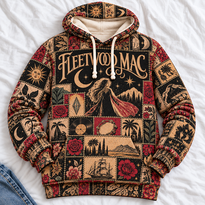 Fleetwood Mac Patchwork Hoodie – Vintage 70s Rock Band Graphic Pullover, Retro Boho Floral Hoodie, Fleetwood Mac Fan Gift
