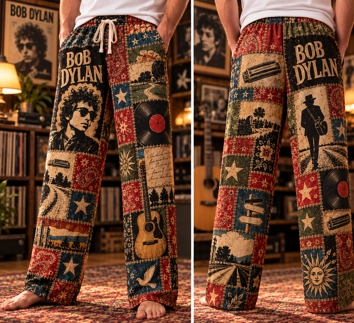 Bob Dylan Pajama Pants - Patchwork Folk Rock Art Sleepwear | Comfortable Music Fan Pajama Pants
