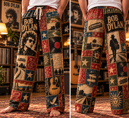 Bob Dylan Pajama Pants - Patchwork Folk Rock Art Sleepwear | Comfortable Music Fan Pajama Pants