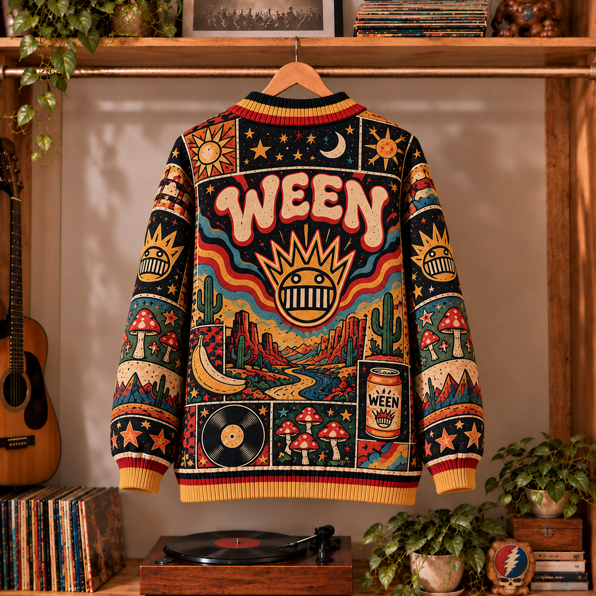 Ween Band Retro Graphic Cardigan - Vintage Alternative Rock Knit Outerwear, Indie Music Fan Apparel & Fashion Style Gift