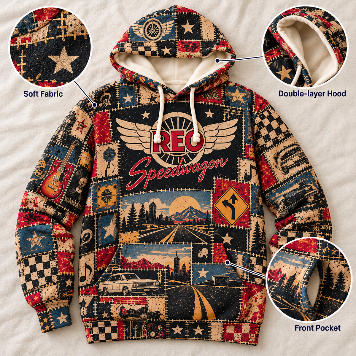 REO Speedwagon Patchwork Hoodie – Vintage Classic Rock Graphic Pullover, Retro 70s 80s Rock Band Sweatshirt, Keep On Loving You Inspired Hoodie