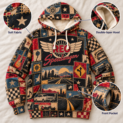 REO Speedwagon Patchwork Hoodie – Vintage Classic Rock Graphic Pullover, Retro 70s 80s Rock Band Sweatshirt, Keep On Loving You Inspired Hoodie