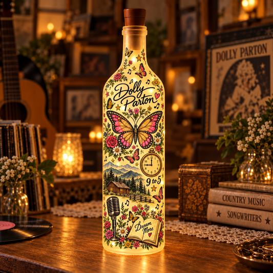 Dolly Parton Vintage Lighted Bottle Lamp - Premium Country Music Merchandise, Butterfly & 9 to 5 LED Fairy Light Up Bottle Night Light Decor Gift