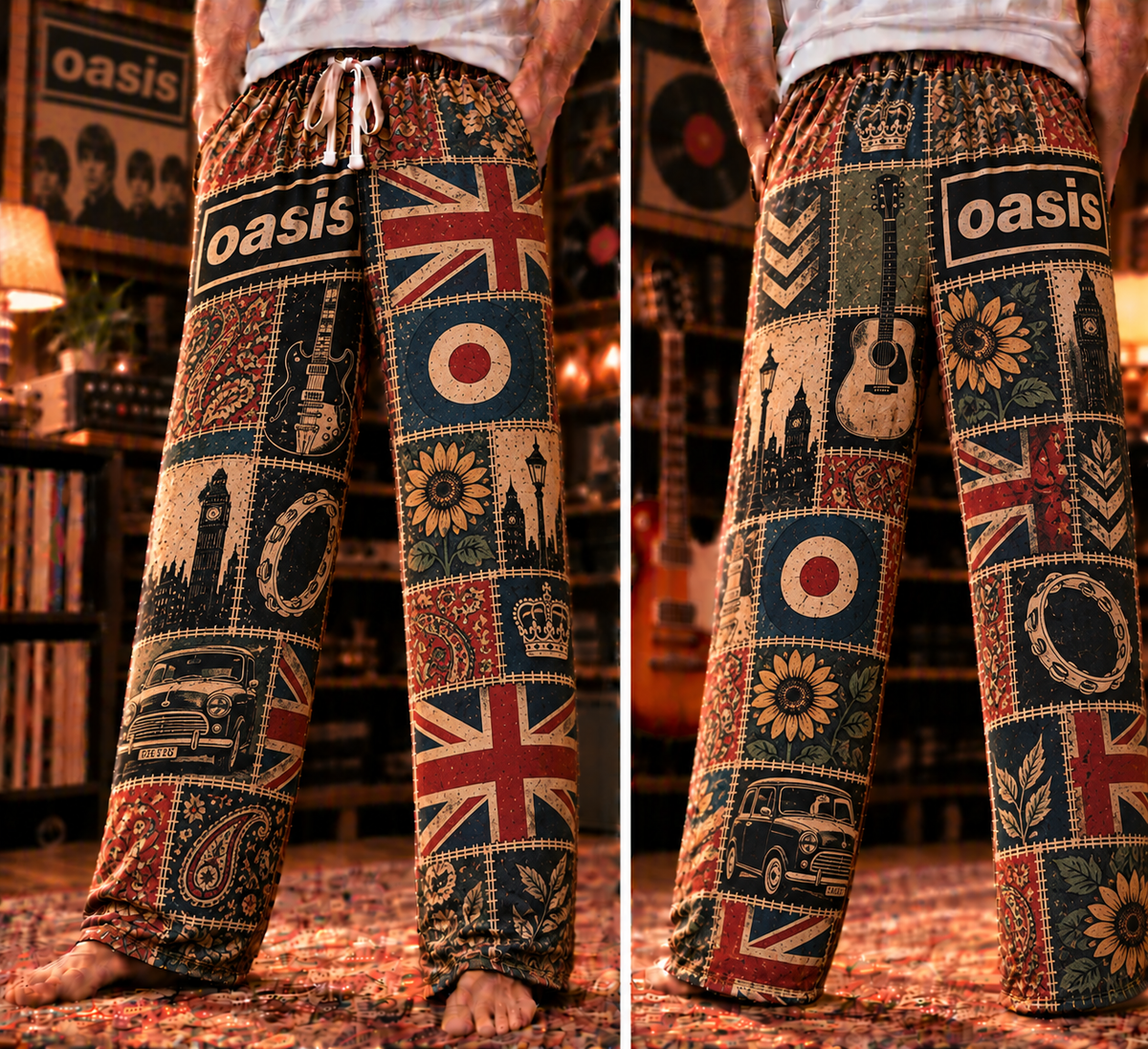 Oasis Classic Britpop Lounge Pants - Retro Patchwork London Skyline, Classic Mini Car & Mod Target Art Sleepwear