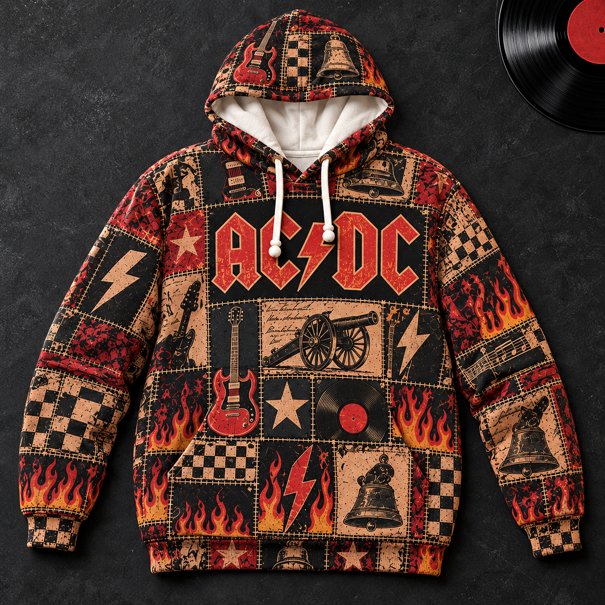AC/DC Patchwork Hoodie – Vintage Hard Rock Band Graphic Pullover, Highway to Hell & Hells Bells Inspired Hoodie, Retro AC/DC Fan Gift