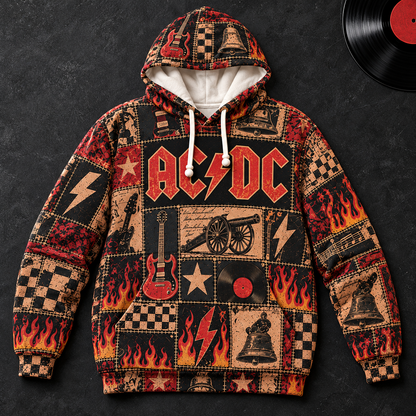AC/DC Patchwork Hoodie – Vintage Hard Rock Band Graphic Pullover, Highway to Hell & Hells Bells Inspired Hoodie, Retro AC/DC Fan Gift