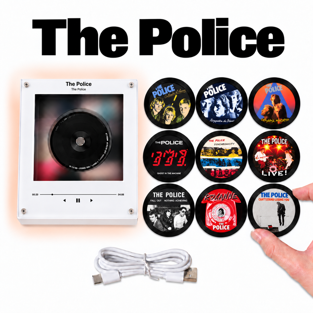 The Police MagTune Mini CD Player Light - Premium New Wave Music Merchandise, Synchronicity Album Art LED Night Light Tabletop Decor Fan Gift