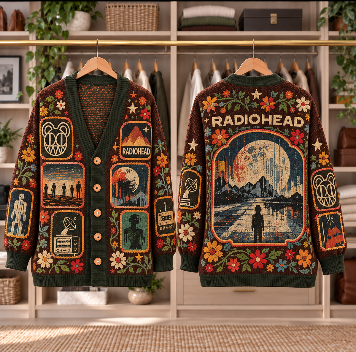 Radiohead Patchwork Knitted Cardigan - Casual Oversized Button Sweater, Modified Bear Alternative Rock Fan Gift