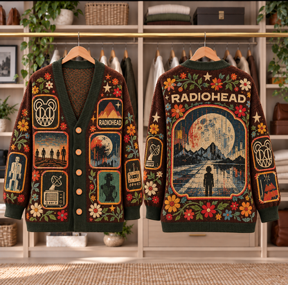 Radiohead Patchwork Knitted Cardigan - Casual Oversized Button Sweater, Modified Bear Alternative Rock Fan Gift