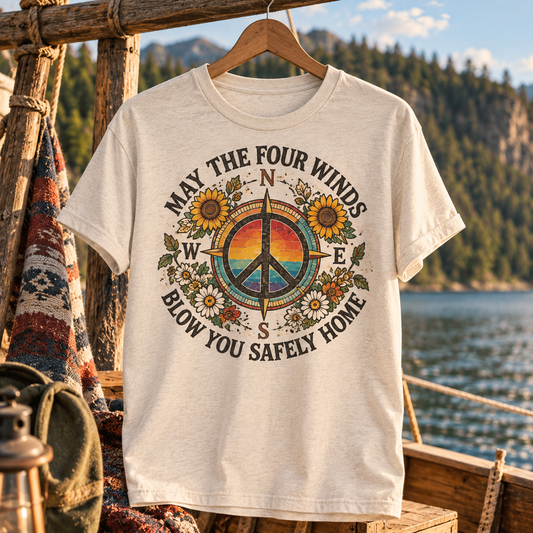 May the Four Winds Blow You Safely Home Shirt, Grateful Dead Inspired Compass Tee, Hippie Peace Sign Shirt, Boho Road Trip Gift