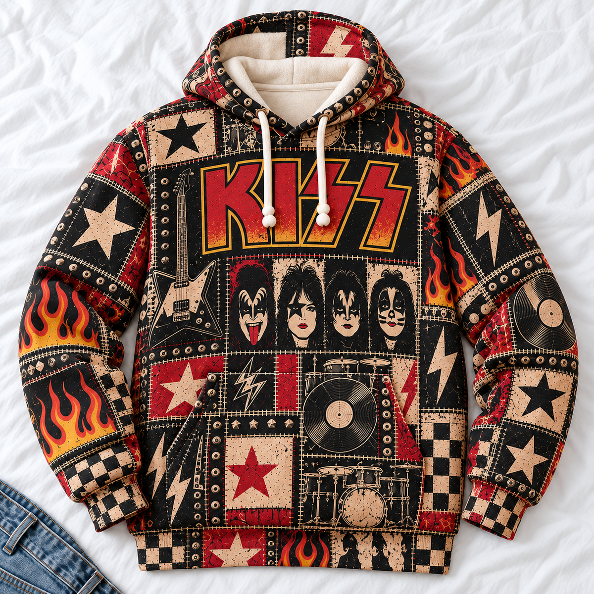 KISS Patchwork Hoodie – Vintage Rock Band Graphic Pullover, Retro 70s Hard Rock Flame & Lightning Design, KISS Army Fan Gift, Unisex Sweatshirt