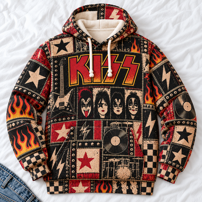 KISS Patchwork Hoodie – Vintage Rock Band Graphic Pullover, Retro 70s Hard Rock Flame & Lightning Design, KISS Army Fan Gift, Unisex Sweatshirt